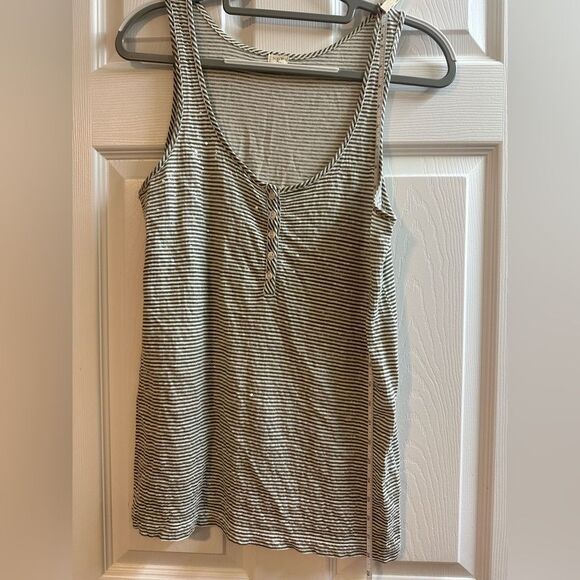 J. Crew Olive Green & White Striped Sleeveless Tank Top with Sequins and Buttons - Picture 9 of 9